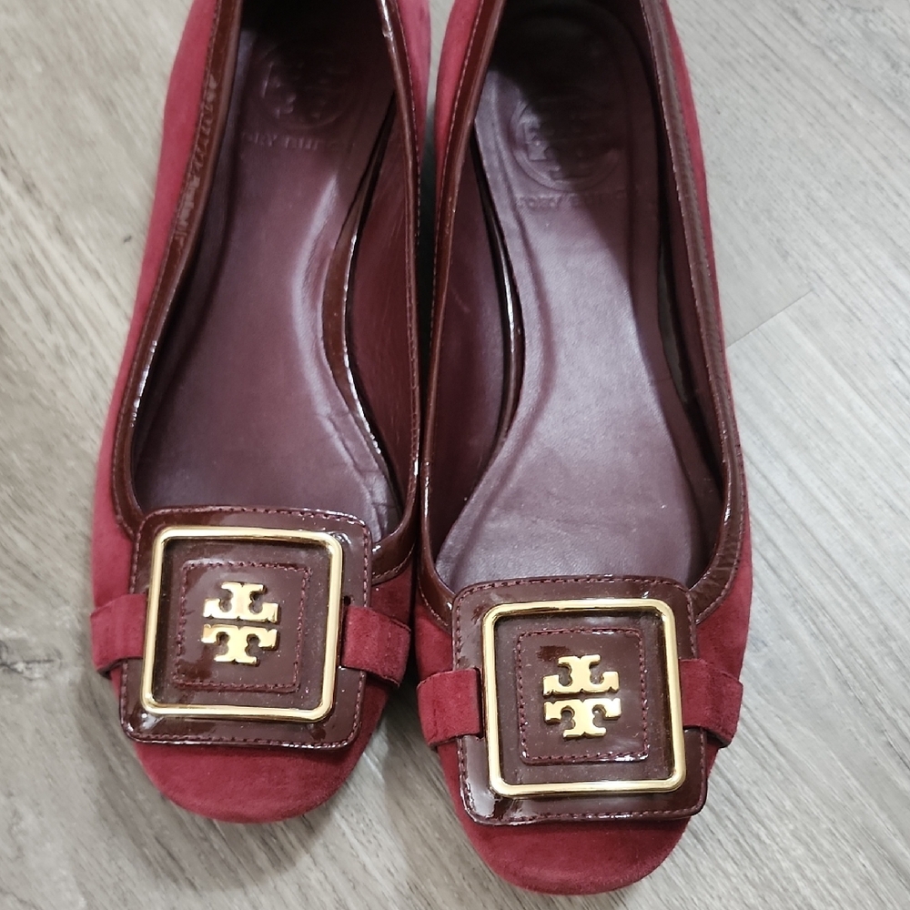Tory Burch Burgundy Suede Loafers with Gold Accents